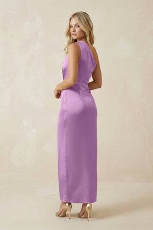 One - Shoulder Satin Ruched Sheath Bridesmaid Dress in Vintage Mauve - KISS BRIDAL Bridesmaid Dresses