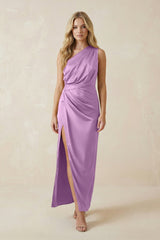 One - Shoulder Satin Ruched Sheath Bridesmaid Dress in Vintage Mauve - KISS BRIDAL Bridesmaid Dresses