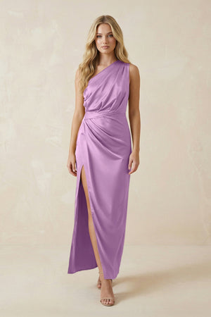 One - Shoulder Satin Ruched Sheath Bridesmaid Dress in Vintage Mauve - KISS BRIDAL Bridesmaid Dresses