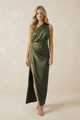 One - Shoulder Satin Ruched Sheath Bridesmaid Dress in Willow Green - KISS BRIDAL Bridesmaid Dresses