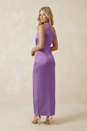 One - Shoulder Satin Ruched Sheath Bridesmaid Dress in Wisteria - KISS BRIDAL Bridesmaid Dresses
