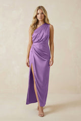 One - Shoulder Satin Ruched Sheath Bridesmaid Dress in Wisteria - KISS BRIDAL Bridesmaid Dresses