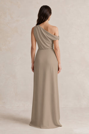 One-Shoulder Satin Sheath Bridesmaid Dress With Slit in Almond (2) | KISSBRIDAL
