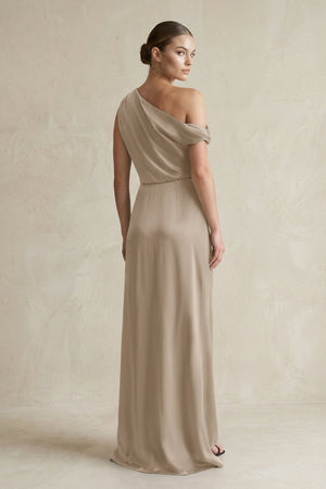 One - Shoulder Satin Sheath Bridesmaid Dress With Slit in Almond - KISS BRIDAL Bridesmaid Dresses