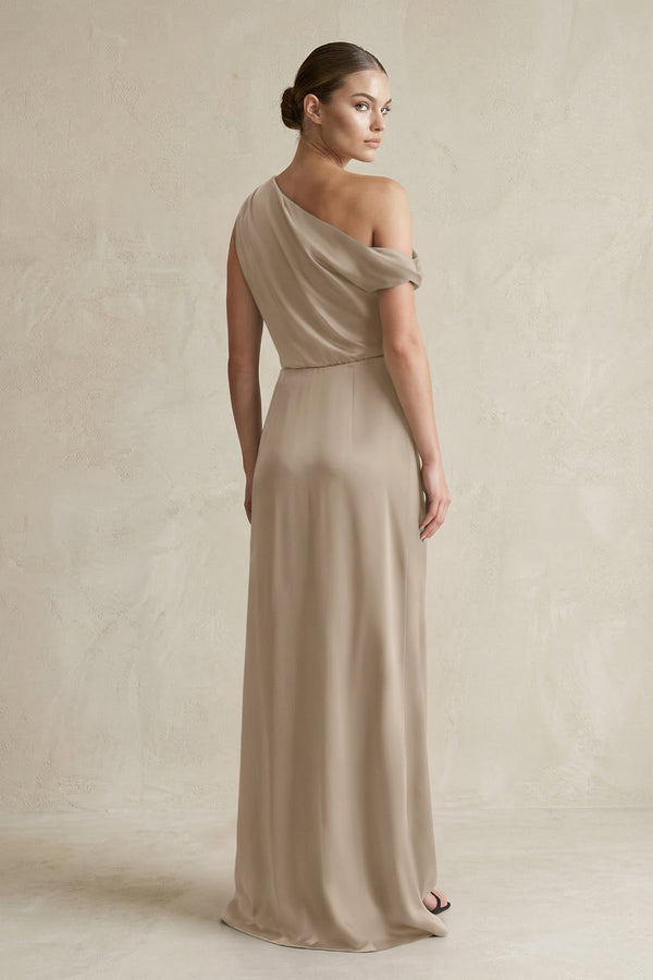One - Shoulder Satin Sheath Bridesmaid Dress With Slit in Almond - KISS BRIDAL Bridesmaid Dresses