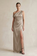 One - Shoulder Satin Sheath Bridesmaid Dress With Slit in Almond - KISS BRIDAL Bridesmaid Dresses