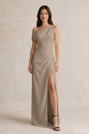 One-Shoulder Satin Sheath Bridesmaid Dress With Slit in Almond | KISSBRIDAL