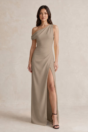 One-Shoulder Satin Sheath Bridesmaid Dress With Slit in Almond | KISSBRIDAL