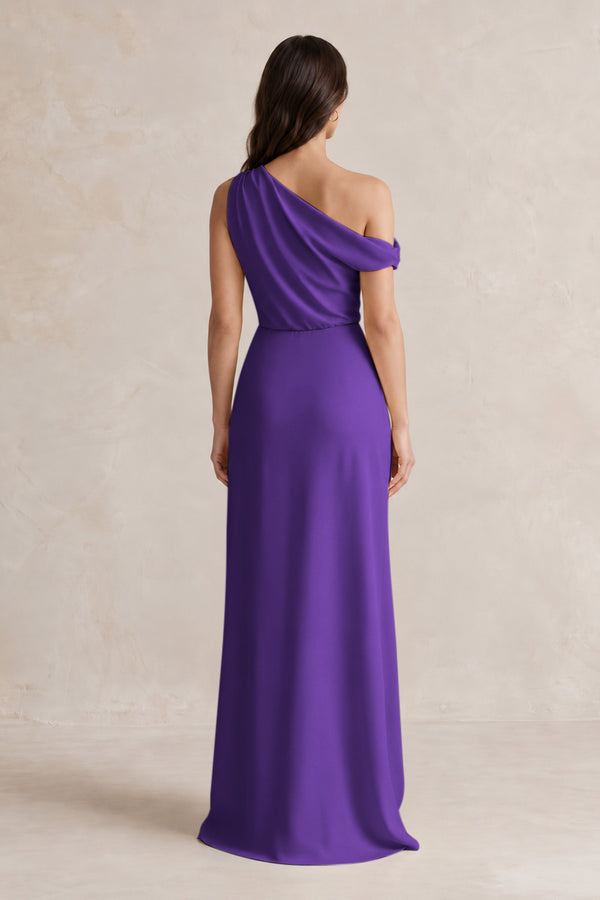 One-Shoulder Satin Sheath Bridesmaid Dress With Slit in Amethyst (2) | KISSBRIDAL