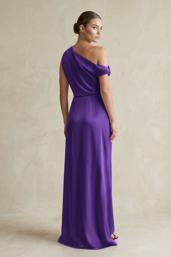 One - Shoulder Satin Sheath Bridesmaid Dress With Slit in Amethyst - KISS BRIDAL Bridesmaid Dresses