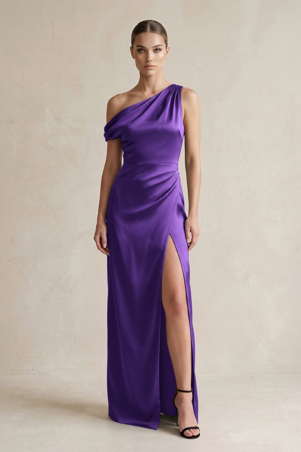 One - Shoulder Satin Sheath Bridesmaid Dress With Slit in Amethyst - KISS BRIDAL Bridesmaid Dresses