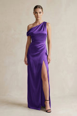 One - Shoulder Satin Sheath Bridesmaid Dress With Slit in Amethyst - KISS BRIDAL Bridesmaid Dresses