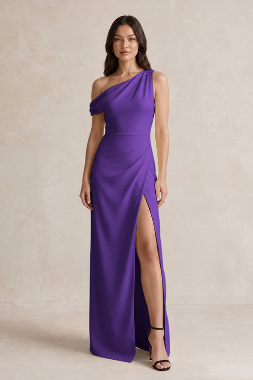 One-Shoulder Satin Sheath Bridesmaid Dress With Slit in Amethyst | KISSBRIDAL