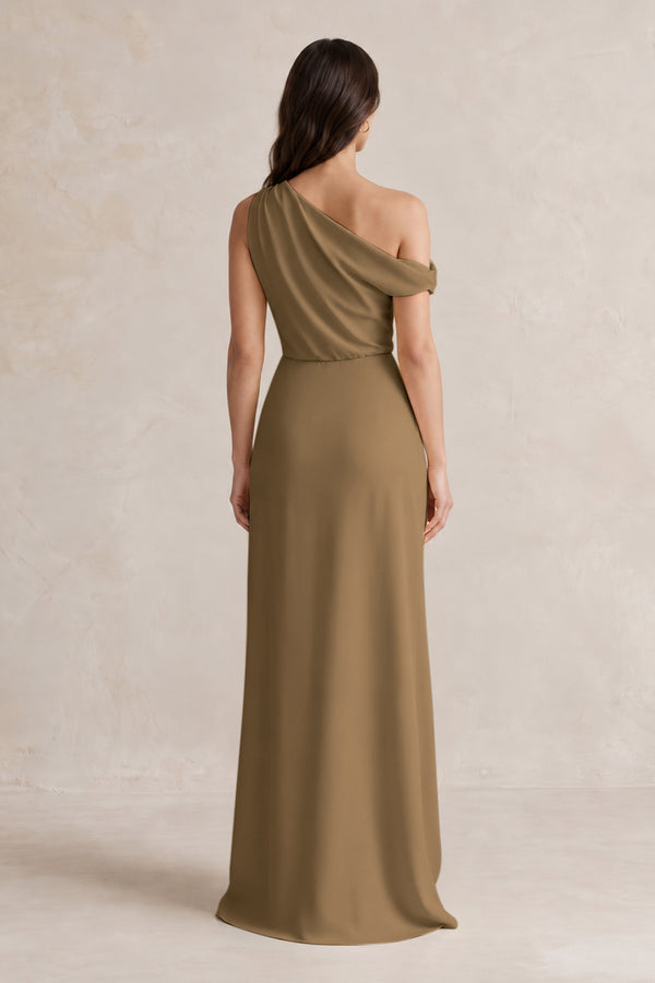 One-Shoulder Satin Sheath Bridesmaid Dress With Slit in Apple Cinnamon (2) | KISSBRIDAL