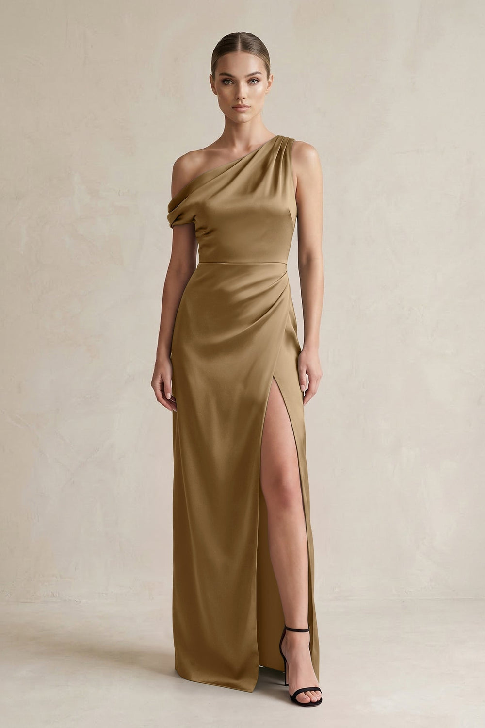 One - Shoulder Satin Sheath Bridesmaid Dress With Slit in Apple Cinnamon - KISS BRIDAL Bridesmaid Dresses