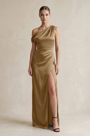 One - Shoulder Satin Sheath Bridesmaid Dress With Slit in Apple Cinnamon - KISS BRIDAL Bridesmaid Dresses