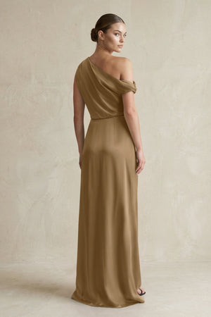 One - Shoulder Satin Sheath Bridesmaid Dress With Slit in Apple Cinnamon - KISS BRIDAL Bridesmaid Dresses