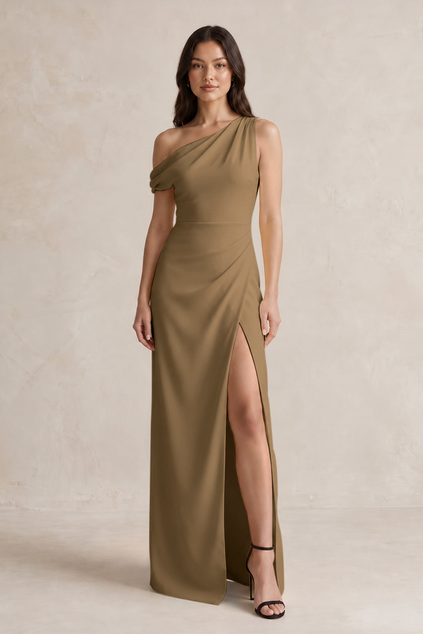 One-Shoulder Satin Sheath Bridesmaid Dress With Slit in Apple Cinnamon