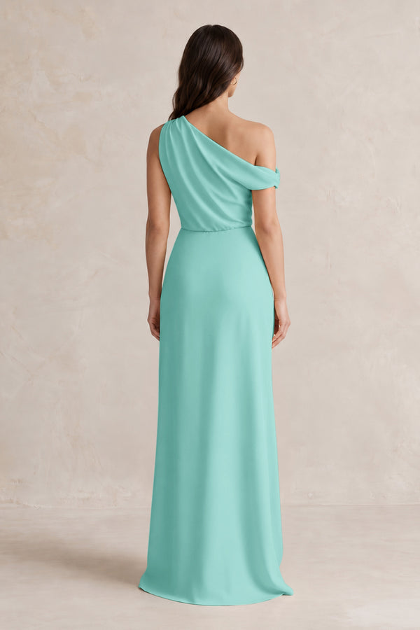 One-Shoulder Satin Sheath Bridesmaid Dress With Slit in Aqua (2) | KISSBRIDAL