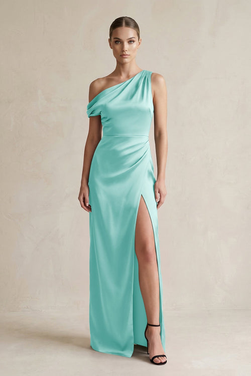 One - Shoulder Satin Sheath Bridesmaid Dress With Slit in Aqua - KISS BRIDAL Bridesmaid Dresses