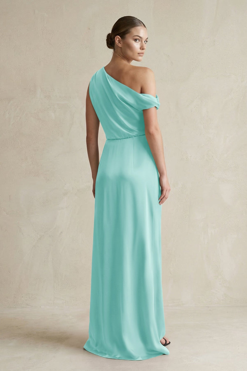 One - Shoulder Satin Sheath Bridesmaid Dress With Slit in Aqua - KISS BRIDAL Bridesmaid Dresses