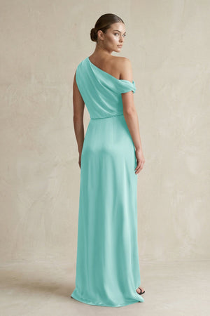 One - Shoulder Satin Sheath Bridesmaid Dress With Slit in Aqua - KISS BRIDAL Bridesmaid Dresses