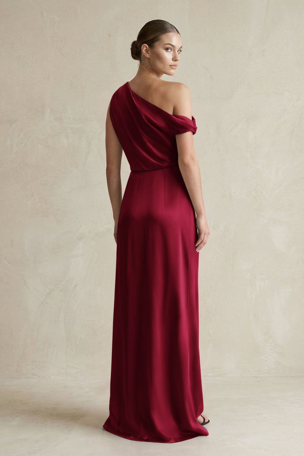 One - Shoulder Satin Sheath Bridesmaid Dress With Slit in Berry - KISS BRIDAL Bridesmaid Dresses