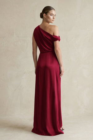 One - Shoulder Satin Sheath Bridesmaid Dress With Slit in Berry - KISS BRIDAL Bridesmaid Dresses