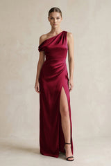 One - Shoulder Satin Sheath Bridesmaid Dress With Slit in Berry - KISS BRIDAL Bridesmaid Dresses