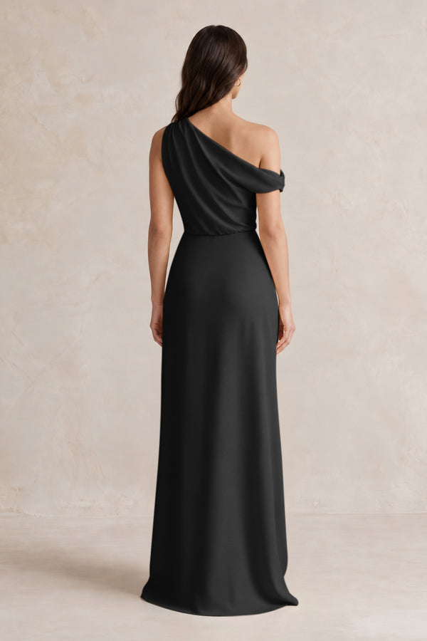 One-Shoulder Satin Sheath Bridesmaid Dress With Slit in Black (2) | KISSBRIDAL