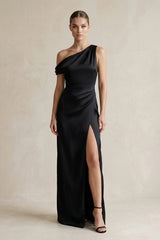 One - Shoulder Satin Sheath Bridesmaid Dress With Slit in Black - KISS BRIDAL Bridesmaid Dresses