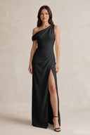 One-Shoulder Satin Sheath Bridesmaid Dress With Slit in Black | KISSBRIDAL