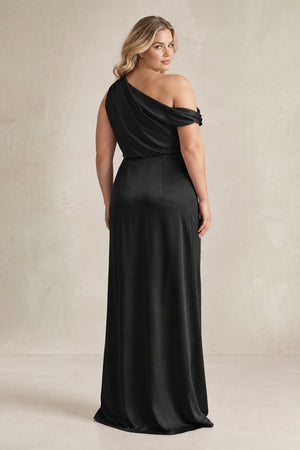 One-Shoulder Satin Sheath Bridesmaid Dress With Slit in Black [sizeplus] | KISSBRIDAL