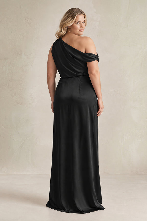 One-Shoulder Satin Sheath Bridesmaid Dress With Slit in Black [sizeplus] | KISSBRIDAL