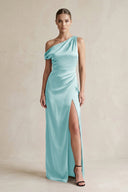 One - Shoulder Satin Sheath Bridesmaid Dress With Slit in Bleached Aqua - KISS BRIDAL Bridesmaid Dresses