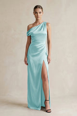 One - Shoulder Satin Sheath Bridesmaid Dress With Slit in Bleached Aqua - KISS BRIDAL Bridesmaid Dresses