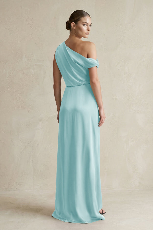 One - Shoulder Satin Sheath Bridesmaid Dress With Slit in Bleached Aqua - KISS BRIDAL Bridesmaid Dresses