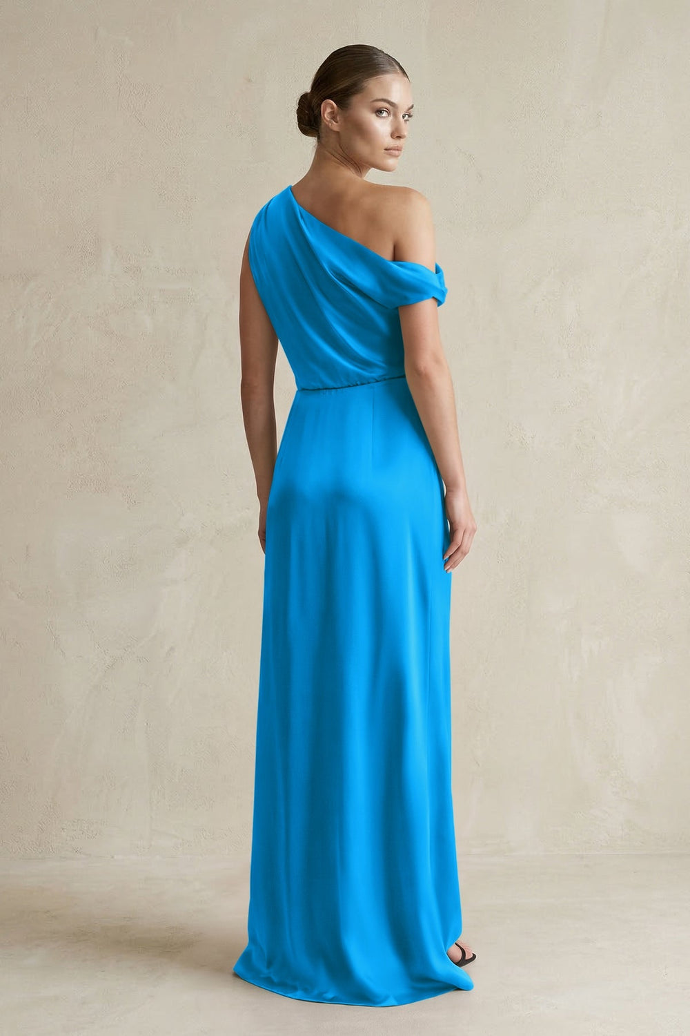 One - Shoulder Satin Sheath Bridesmaid Dress With Slit in Blue Jay - KISS BRIDAL Bridesmaid Dresses