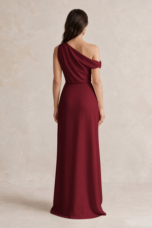 One-Shoulder Satin Sheath Bridesmaid Dress With Slit in Burgundy (2) | KISSBRIDAL