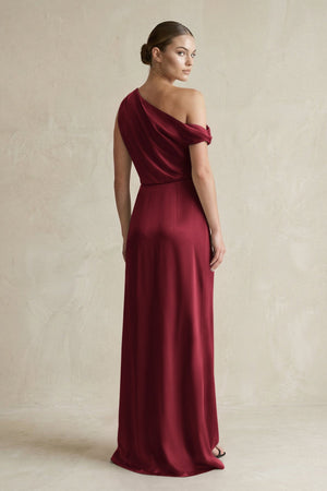 One - Shoulder Satin Sheath Bridesmaid Dress With Slit in Burgundy - KISS BRIDAL Bridesmaid Dresses