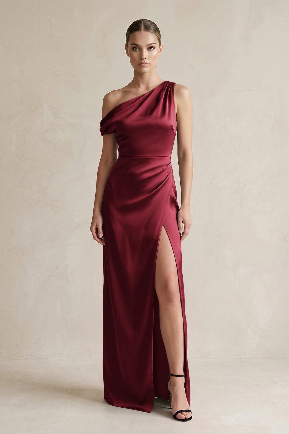 One - Shoulder Satin Sheath Bridesmaid Dress With Slit in Burgundy - KISS BRIDAL Bridesmaid Dresses