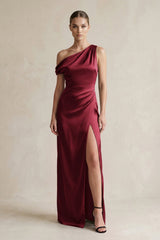 One - Shoulder Satin Sheath Bridesmaid Dress With Slit in Burgundy - KISS BRIDAL Bridesmaid Dresses