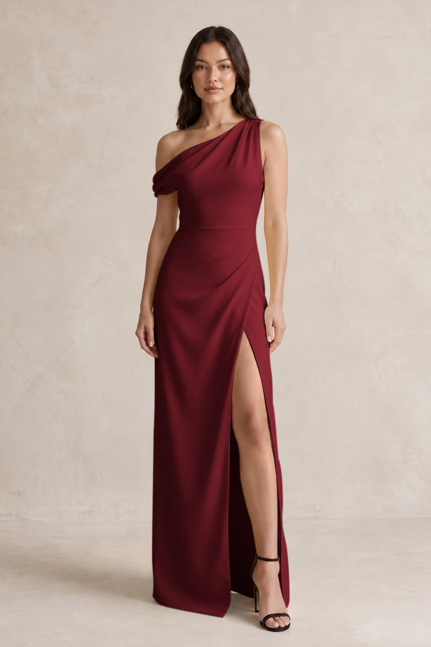 One-Shoulder Satin Sheath Bridesmaid Dress With Slit in Burgundy