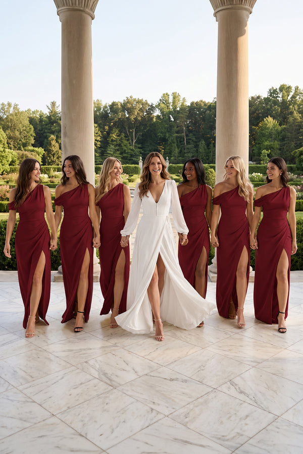 One-Shoulder Satin Sheath Bridesmaid Dress With Slit in Burgundy | KISSBRIDAL
