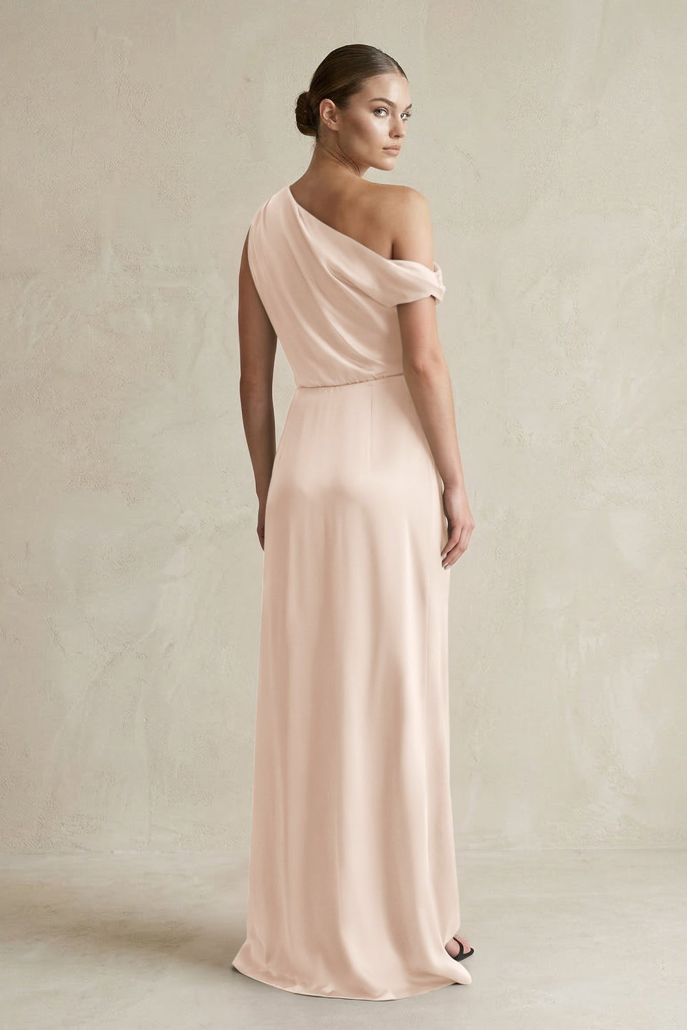 One - Shoulder Satin Sheath Bridesmaid Dress With Slit in Buttercream - KISS BRIDAL Bridesmaid Dresses