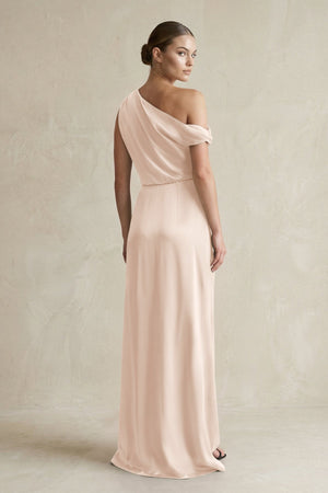 One - Shoulder Satin Sheath Bridesmaid Dress With Slit in Buttercream - KISS BRIDAL Bridesmaid Dresses