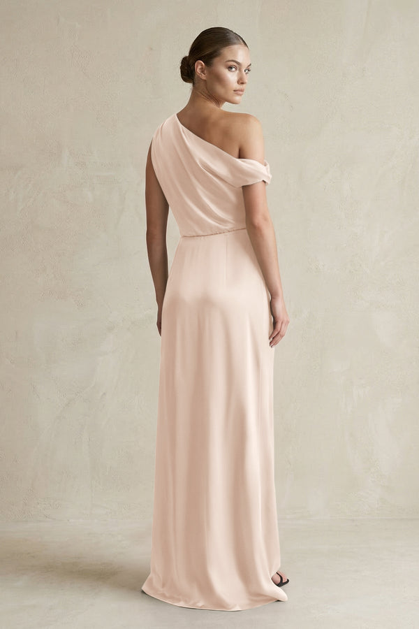 One - Shoulder Satin Sheath Bridesmaid Dress With Slit in Buttercream - KISS BRIDAL Bridesmaid Dresses