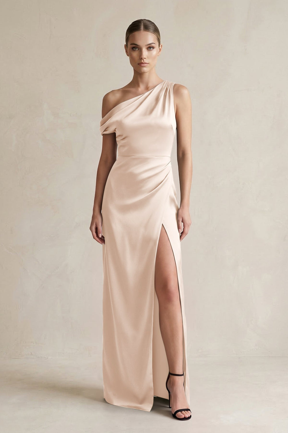 One - Shoulder Satin Sheath Bridesmaid Dress With Slit in Buttercream - KISS BRIDAL Bridesmaid Dresses