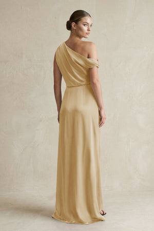 One - Shoulder Satin Sheath Bridesmaid Dress With Slit in Champagne - KISS BRIDAL Bridesmaid Dresses