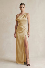 One - Shoulder Satin Sheath Bridesmaid Dress With Slit in Champagne - KISS BRIDAL Bridesmaid Dresses